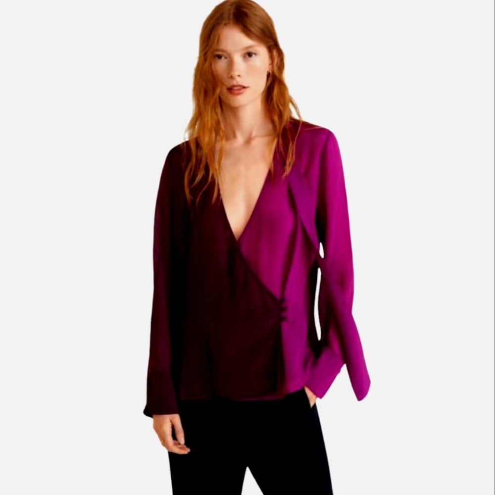 MANGO 2 tones sheer wrap bow tie long sleeves blouse
